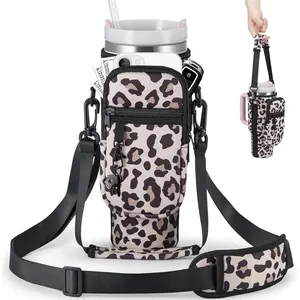 Water Bottle Carrier Bag with Phone Pocket for  40 & 30 oz Tumbler with Handle,Pink Insulated Neoprene Cup Holder Pouch w/Adjustable Strap for Quencher H2.0  Cup Accessories