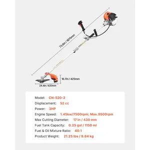 VEVOR Cordless String Trimmer, 52 cc 2-Stroke, Gas Powered Weed Wacker, 17 Cordless Grass Trimmer, Multi-Functional Lawn Edger with Shoulder Strap 3T Blade, Weed Eater for Quick Grass Cleaning