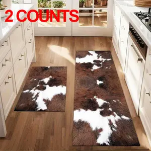 2 Counts Western Cow Hair Texture Printed Brown Cow Texture Faux Cow Animal Print Rug Floor Mat Set for Farmhouse Kitchen Rug Restaurant Floor Laundry Room Sink Laundry Home Decor Office Decor Carpet Mat Rugs (Brown, 15.7*23.6+15.7*47.2in)