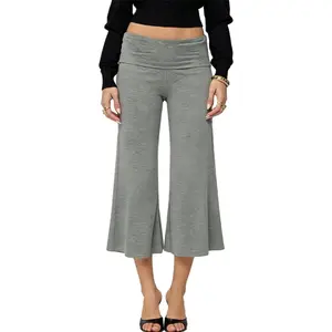 Yuemengxuan Fold Over Wide Leg Capri Pants for Women Low Rise Cropped Gaucho Pants Casual Lounge Pajamas Pants Pj Bottoms