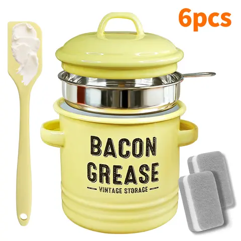 46oz (1360ml) Durable Enamel Bacon Grease Container - Round Jar Single Unit with Fine Mesh Filter, Strainer, Lid, Food-Grade Silicone Spatula, Brush, Oil Dispenser, Dishwasher Safe Baking Rustic Farmhouse Kitchen Accessory (Clearance)