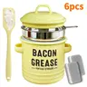 46oz (1360ml) Durable Enamel Bacon Grease Container - Round Jar Single Unit with Fine Mesh Filter, Strainer, Lid, Food-Grade Silicone Spatula, Brush, Oil Dispenser, Dishwasher Safe Baking Rustic Farmhouse Kitchen Accessory (Clearance)