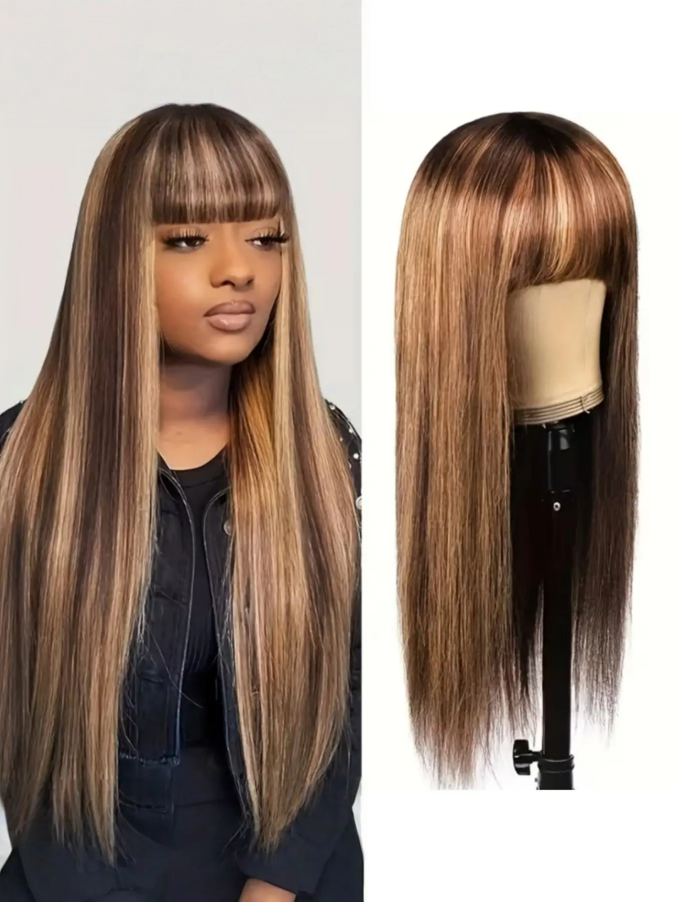 Highlight Straight Human Hair Wigs with Bangs, Natural Scalp Wig, 200% Density, Full Machine-Made, Available in Sizes 16-28 Inches, Perfect for Women