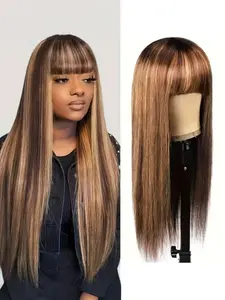 Highlight Straight Human Hair Wigs with Bangs, Natural Scalp Wig, 200% Density, Full Machine-Made, Available in Sizes 16-28 Inches, Perfect for Women