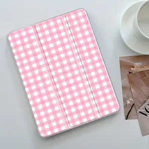 Cute Minimal Adorable Pink Gingham Tri-Fold Tablet Case with Pencil Slot & Charger Adapter, Suitable for iPad 10.2inch 2019/2021, Mini, Pro, Air, Shockproof and Scratch-Resistant, Ideal for Office, School, Home & Perfect Gift