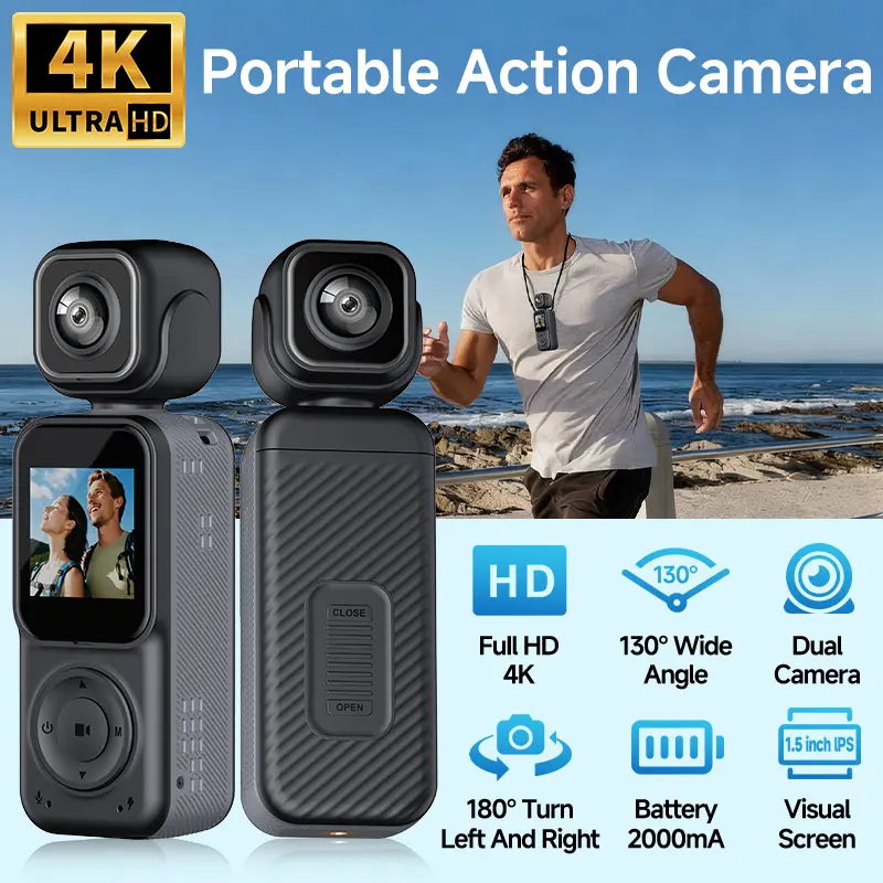 4K Dual Camera Body Cam for Vlogging, Front & Rear Recording, 130° Wide Angle, Pocket Action Camera