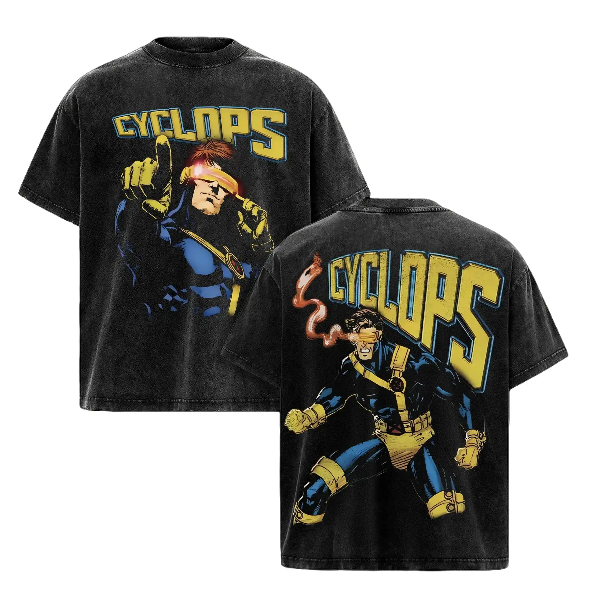 Vintage Oversized Cyclops Graphic T-Shirt 100% Cotton Tee Acid Wash Superhero Streetwear Mutant Comic Book Retro Top Double Printed Faded Grunge Mens Unisex Casual Y2K Apparel Gym Pump Cover Geek Culture MCU Hero Fashion Clothes Scott Summers Merch