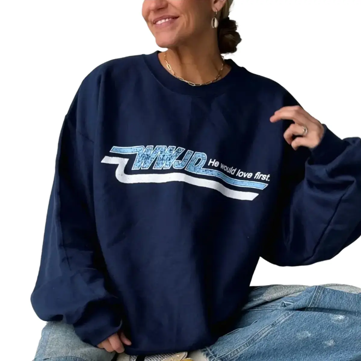 WWJD Christian Graphic Sweatshirt, He Would Love First Faith Pullover, Jesus Religious Gift Sweater