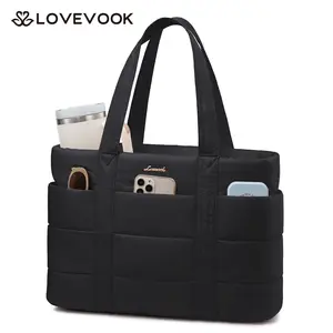 LOVEVOOK Puffer Fashion Tote Bag for Women,Large Multifunctional Work Laptop Bag,Lightweight Travel Shoulder Bag, Multi-pocket Compartment, with Elastic Water Bottle Pocket, Suitable for Multiple Scenarios