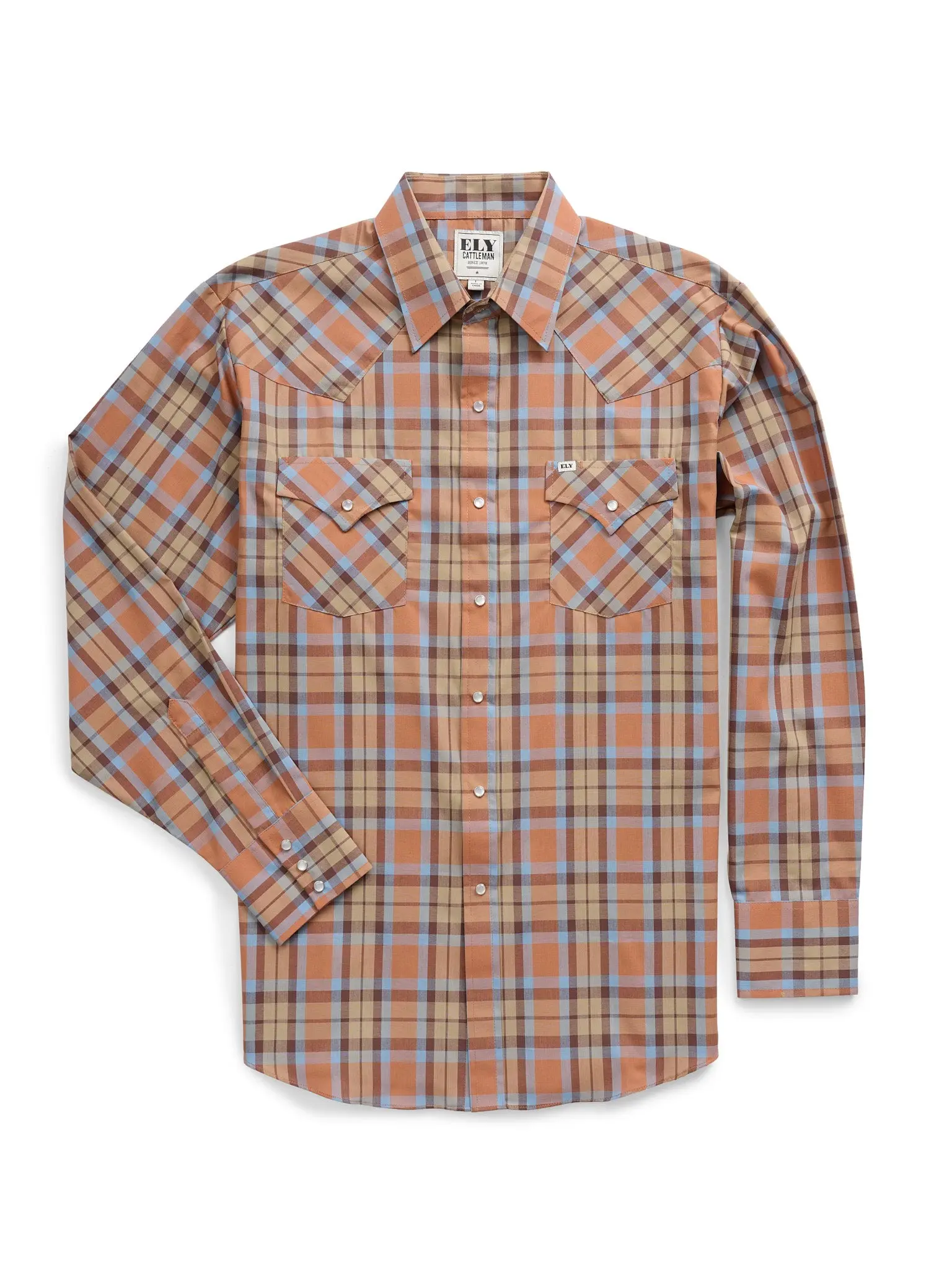 Men's Ely Cattleman Long Sleeve Textured Plaid Western Snap Shirt- Tan