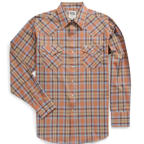 Ely Cattleman Western Snap Shirt Men's Casual, Classic Cotton Blend Plaid Long Sleeve with Easy Care Fabric, Authentic Yokes, Pearl Snaps & Dual Flap Pockets