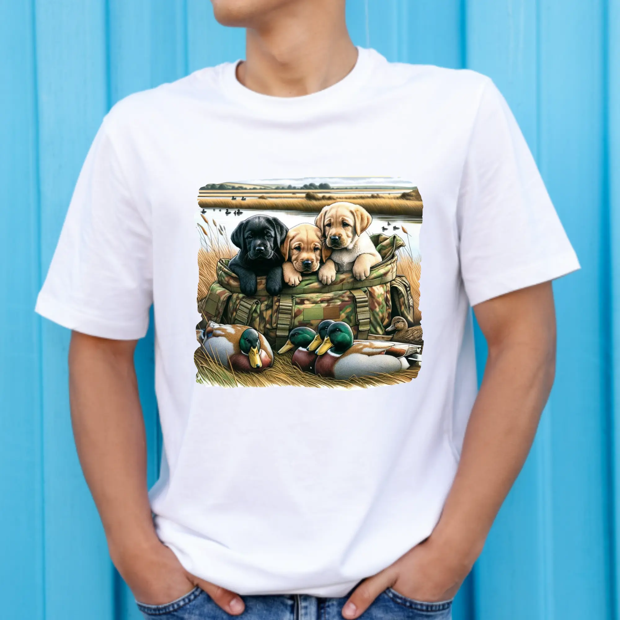 Wildlife Charm DTF Print - Cute Puppies in Basket with Ducks, Ready-to-Press Direct-to-Film Print for T-Shirts, Crafts, Customized Craft DIY Supplies