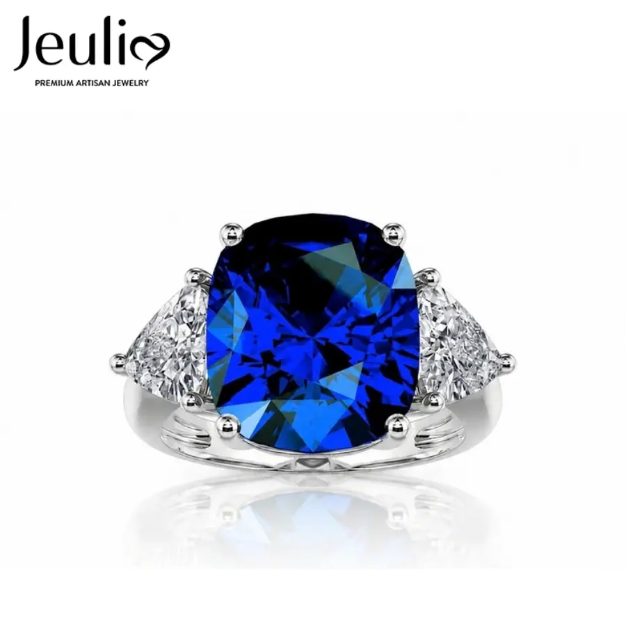 Jeulia Women's S925 Sterling Silver 3-Stone Cushion Cut Artificial Sapphire Statement Ring, Elegant Blue Gemstone Fine Jewelry, Sapphire Engagement Ring for Anniversary with Included Gift Box