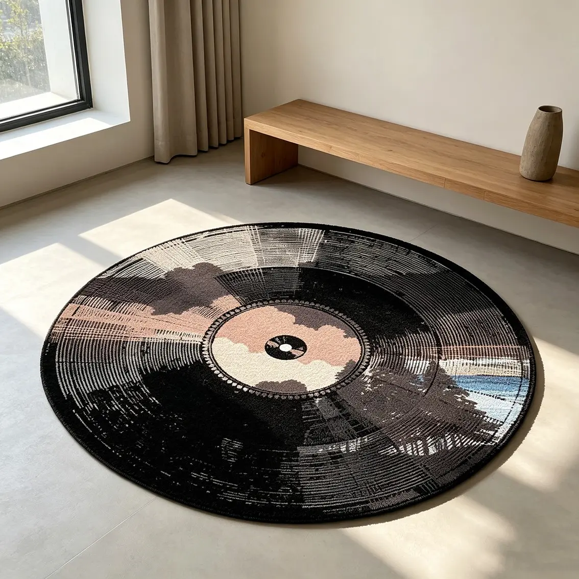 Black vinyl record circular carpet, retro landscape plush floor mat, living room bedroom anti slip and wear-resistant foot mat, atmospheric decorative mat suitable for ins style/wooden home decoration, Decorative Rug, Home Decor Rugs, Area Rug