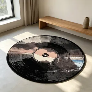 Black vinyl record circular carpet, retro landscape plush floor mat, living room bedroom anti slip and wear-resistant foot mat, atmospheric decorative mat suitable for ins style/wooden home decoration, Decorative Rug