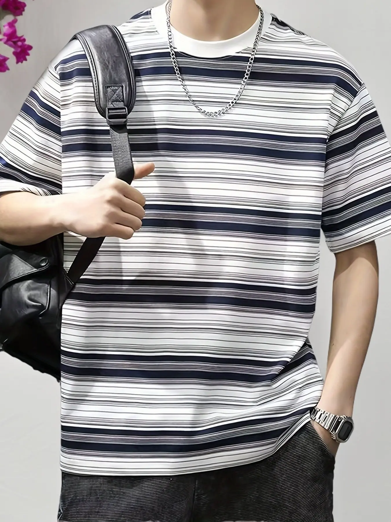 [Striped Men's Tee] Men's Striped Short Sleeve Crew Neck T-Shirt - Summer New Loose Trendy Brand Tee Shirt Top