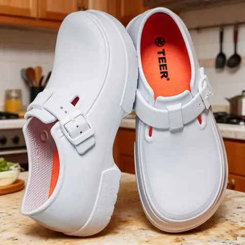 Women's Kitchen Clogs Shoes - TEER Unisex EVA Fabric Footwear, Adjustable Buckle Buttons, Non-Slip, Pure White, Round Toe, All-Season Indoor Work Shoes, Ideal Gift for Chefs