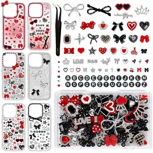 Junk Phone Case Charm Kit with Y2K Cool Aesthetic Bows Stars Hearts Round Letter Beads Rhinestones Red Black Flat-Back Resin Charm Bulk for Customizing Cases