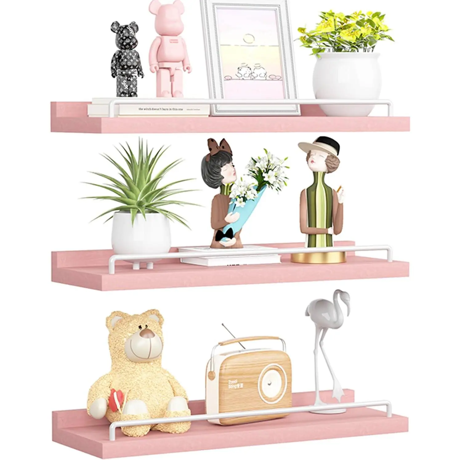 3-Piece Pink and White Flat Wall-Mounted Floating Wall Shelves, Space-Saving Home Decor for Living Room, Bedroom, Flat Wall-Mounted Floating Shelves