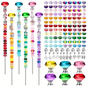 142pcs Fairy Garden Stake] 142pcs DIY Fairy Garden Stake Kit with Colorful Crystal Stopper Top & Silvery Charms | Beaded Garden Stake Set for Christmas, Holiday Gifts & Creative Craft Projects