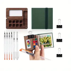 1Set Portable Travel Watercolor Palette Kit, Wooden Grid Paint Box, Suitable for Various Occasions, Including Outdoor Painting, Home Painting, and Art Classes