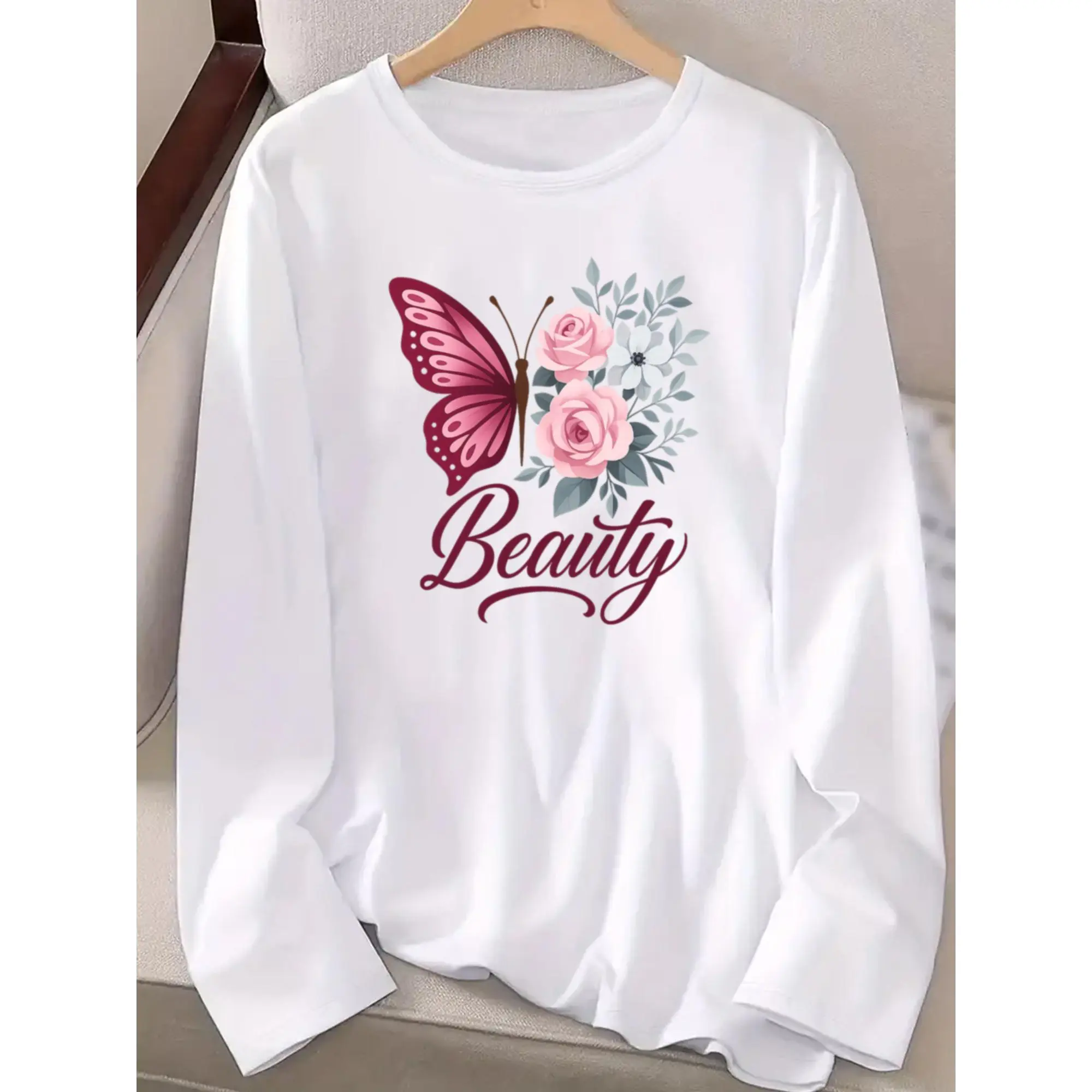 Vintage Beauty Long Sleeve Top |   Pink Rose and Magenta Butterfly with Script Lettering - Soft Feel Floral Apparel for Romantic Souls, Women'S Casual Long-Sleeved Crew Neck Printed T-shirt, Regular Fit.
