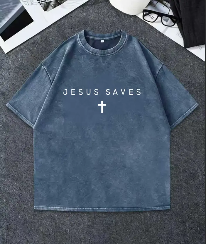 Menswear Short-Sleeve Cotton Fabric Casual Washed T-Shirt, "Jesus Saves" Vintage Graphic Faith Tee, Religious Gift Streetwear for Men, Top, Shortsleeve