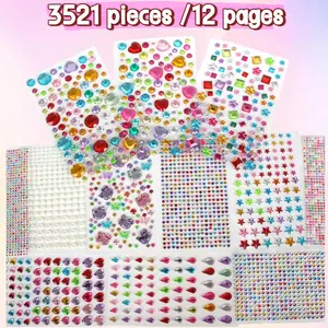3521pcs/ 12 sheets Gem Stickers - Self-Adhesive Rhinestone Scrapbook Stickers DIY Gem Stickers for Kids