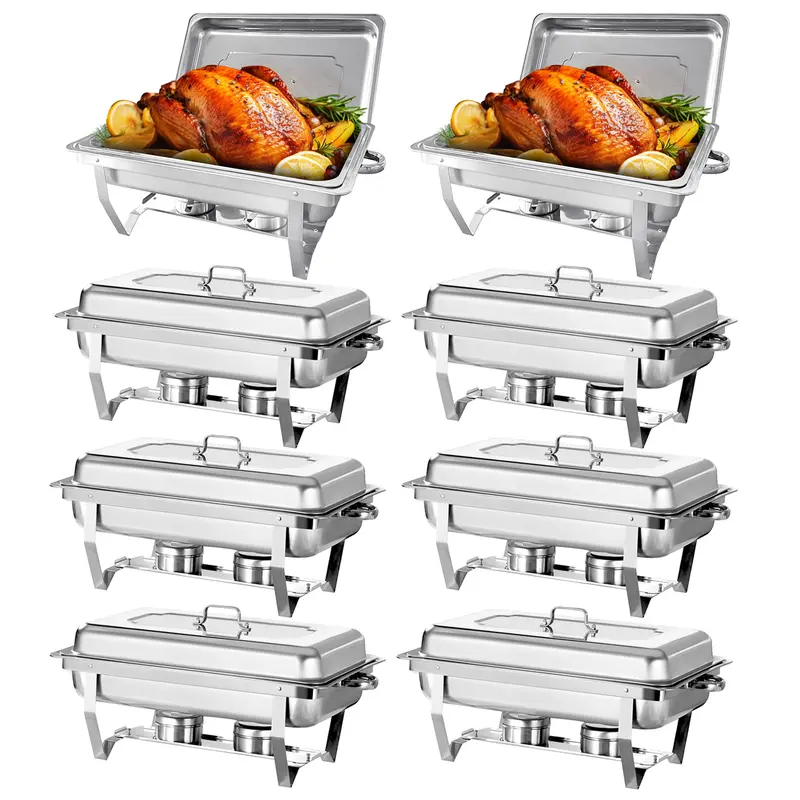 8-Pack 8QT Full Size Stainless Steel Chafing Dish Buffet Set - With Lids, Food Pans, Water Pan, Fuel Holders, Tray - Restaurant Food Warmer Kit for Catering, Weddings, With Water Pan