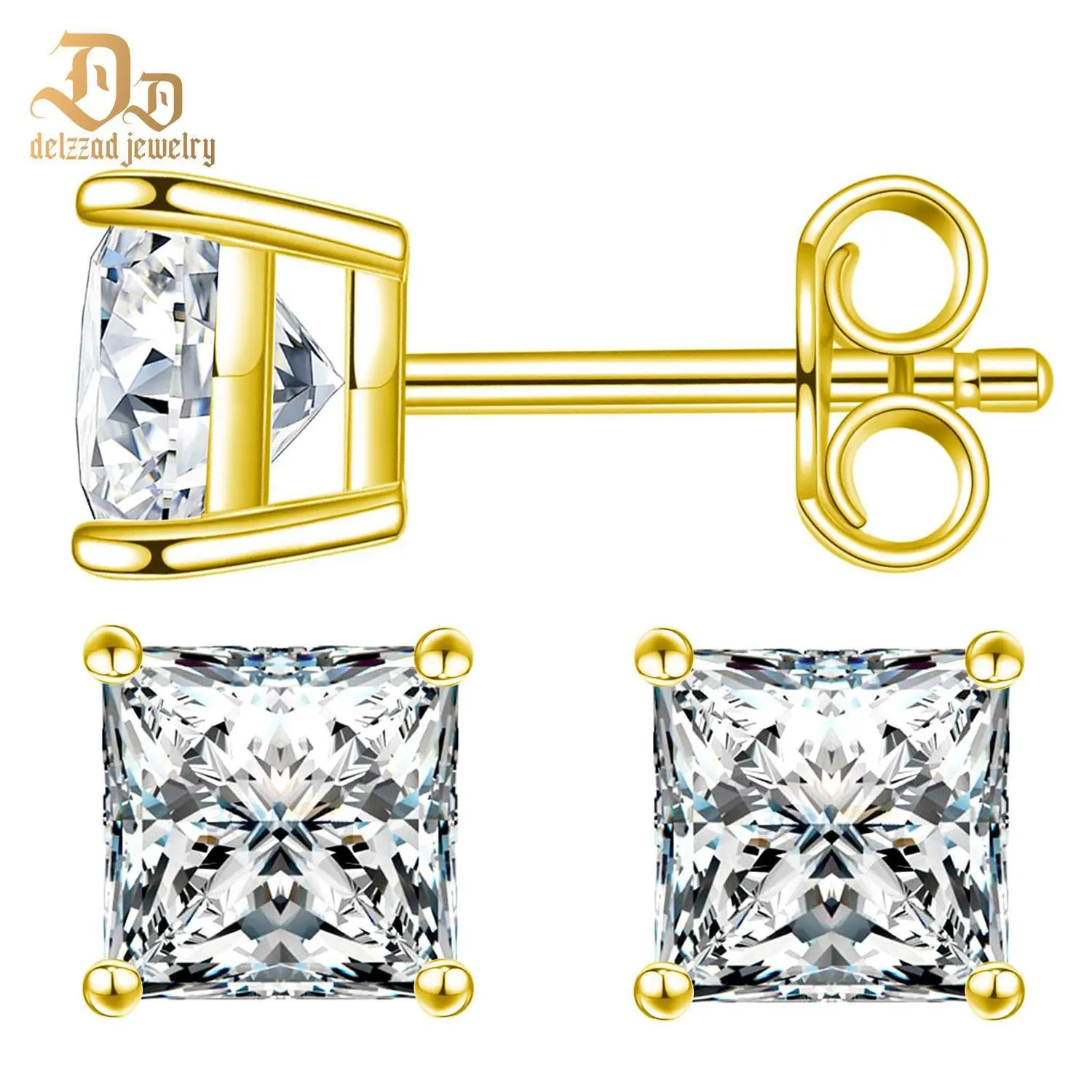Delzzad 14K Gold-Plated Princess Cut Studearrings D Color VVS Synthetic Moissanite S925 Stud Unisex Earrings Jewelry Engagement Wedding Anniversary Christmas Gift for Men Women