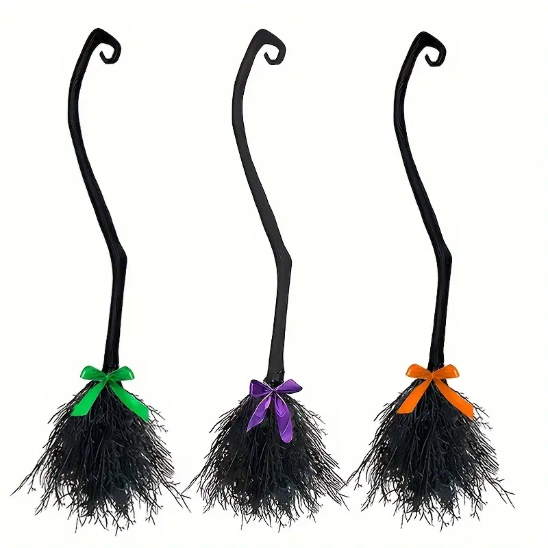 1pc Spooky Evil Witch Broom with 3pc 54.5in (138.43cm) Ribbon-Adorned Bunting, Halloween Costume Party Accessories, Photo Booth Decorations for Festive Enthusiasts