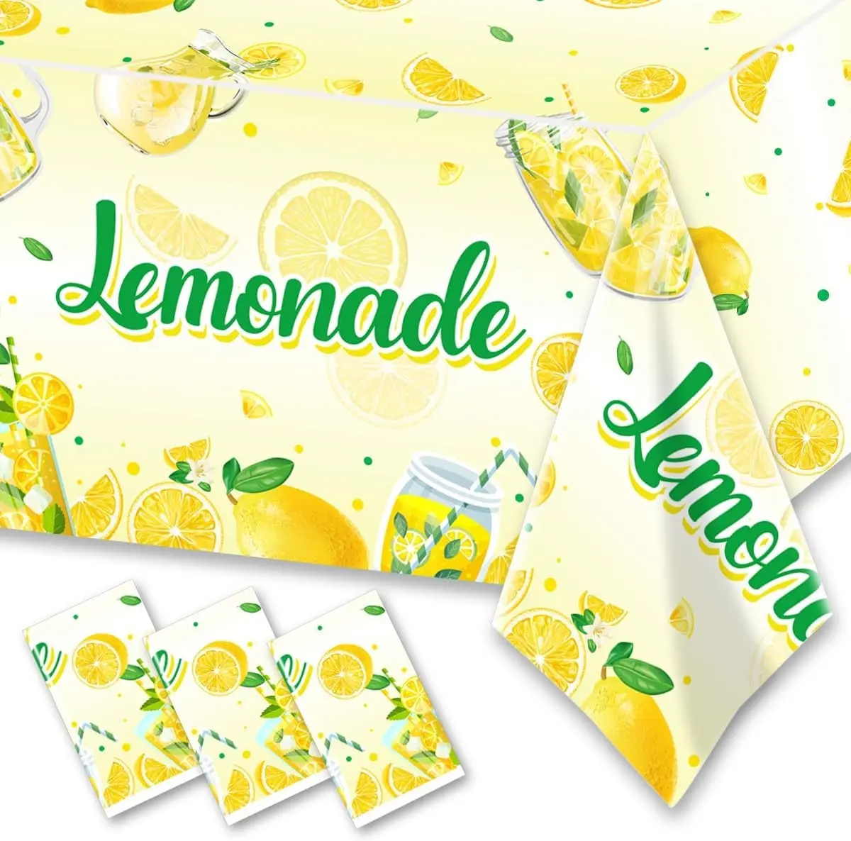 3Pcs Lemonade Table Cloth-Yellow Lemon Theme Disposable Plastic Table Covers Fruit Summer Lemonade Stand Decoration Lemon Rectangular Tablecloth