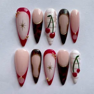Tortoiseshell Cherry Press On Nail Set, French Tip Croc Print Fake Nails, 3D Gold Chrome Red Burgundy Brown White Nail Art for Autumn