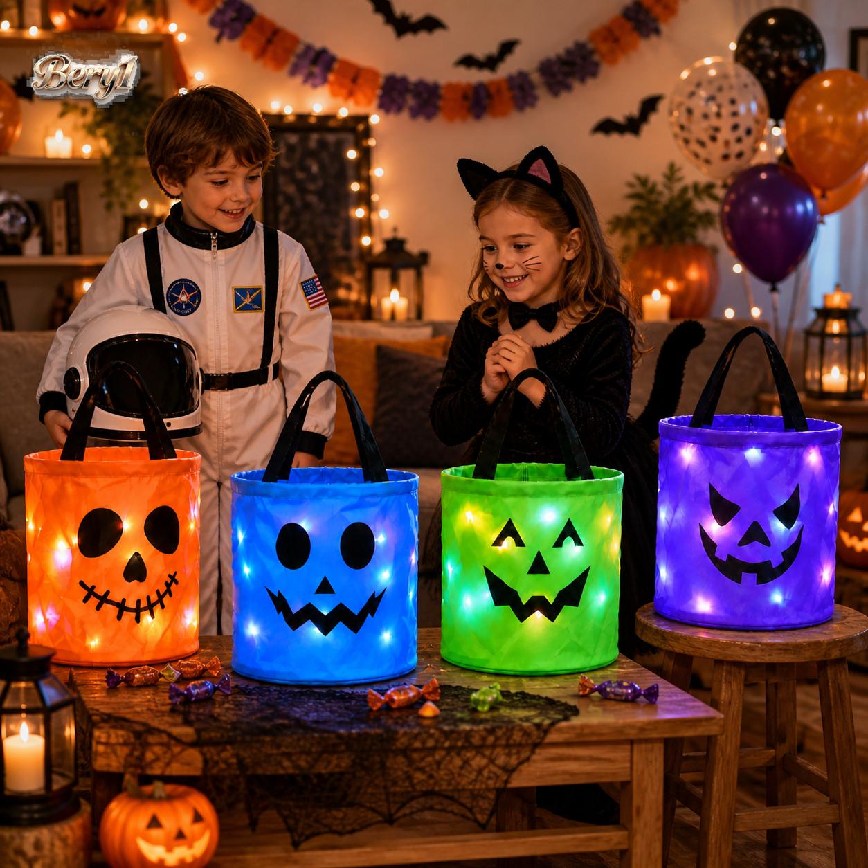 3/4 Pcs Light Up Halloween Candy Buckets with LED Lights, Non-Woven Trick or Treat Bags, Reusable Pumpkin Tote Gift Bags for Kids Adults, Glowing Candy Bags for Home Garden Lawn Decor,bery1--Halloween Birthday Christmas Party Favor Supplies.