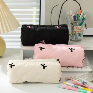 Large Capacity Student Pencil Case with Bow Design, Floral Pattern Polyester Stationery Bag, Portable Desktop Storage Box