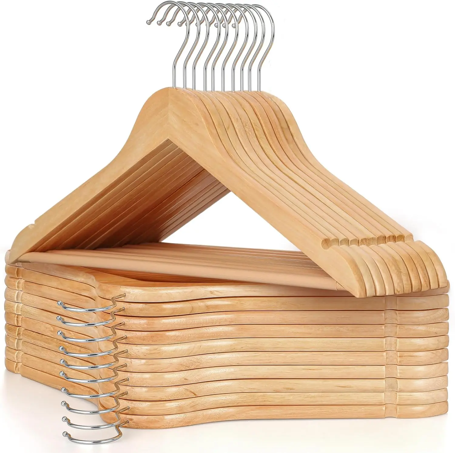 10pcs Natural Wooden 360° Rotatable Hangers & Pegs - 360° Swivel Hooks, Anti-Slip Notches, No-Clip Design, Minimalist Organiser with Spacesaving Box for Bedroom Closet Jumpers, Scarves, Shorts, T-Shirts