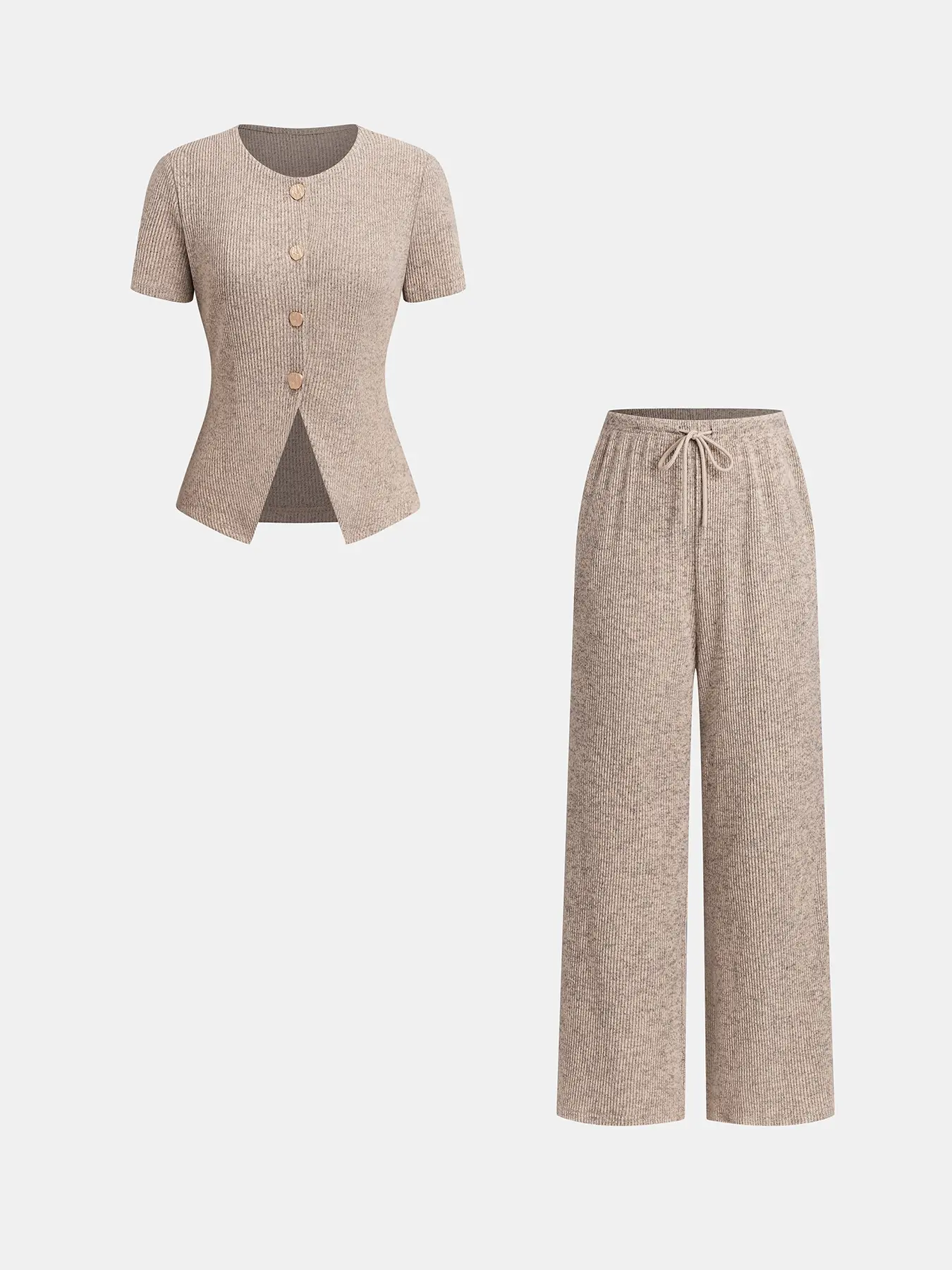 2-Piece European & American Style Casual Basic Solid Knit Set, Matching - Short-Sleeve Fitted Slim Cardigan + Drapey Flowy Wide-Leg Pants, Slimming & Heightening, Comfortable & Breathable, For Professional Women's Daily Office Wear, Womenswear