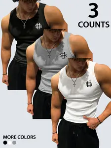 Men’s 3-Pack Slim Fit Monogram Print Ribbed Workout Tank Tops – 2026 Trending Gym Wear, Breathable Stretchy Fabric, Ideal for Bodybuilding, Fitness & Casual Street Style
