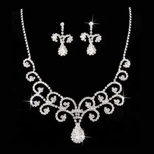 Bridal Wedding Jewelry Set Crystal Rhinestone Vintage Swirl Necklace Silver