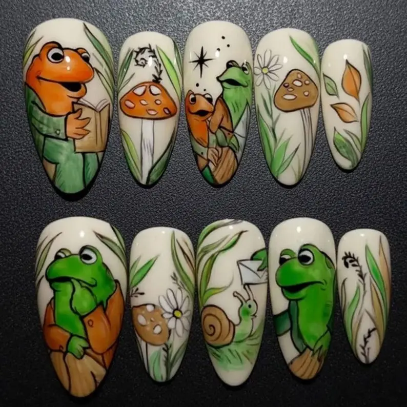 Frog And Toad Inspired Press On Nails Cottagecore Forest Mushrooms Woodland Art Set