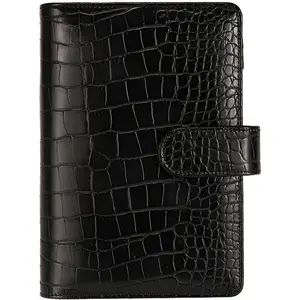 A6 6 Ring Budget Binder - Crocodile  Leather Notebook Binder, Small Refillable Planner Cover with  Buckle, Black