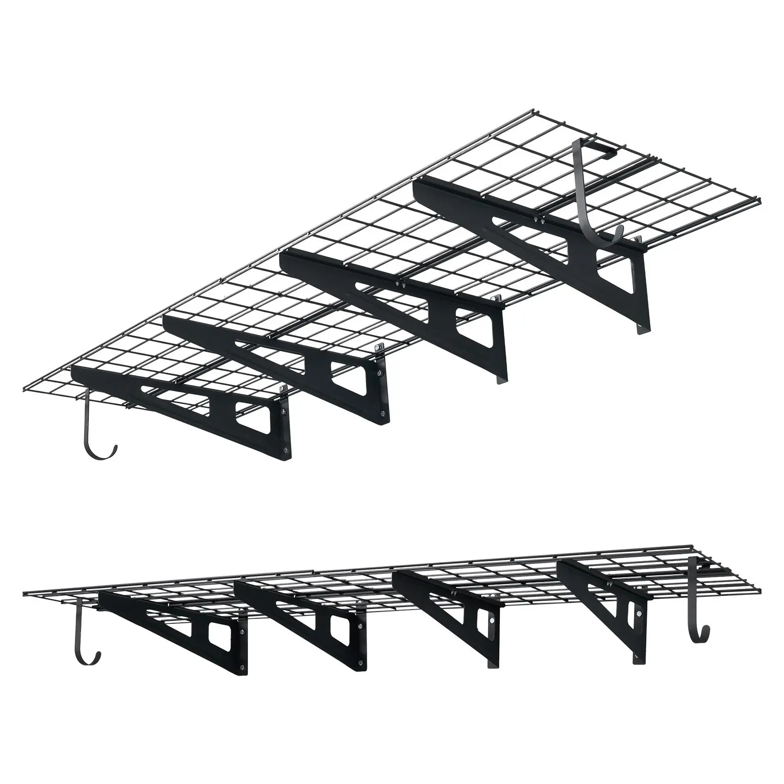 【Summerfinds】VEVOR 2-Tier Heavy Duty Wall Hanging Garage Organiser Floating Shelves Set, 8-Piece 1x3 ft Adjustable Steel Hanging Kit with Hooks, 24x72 in Shelf Metal Rack, 1000 lbs Total Capacity, Easy Installation, Black