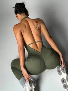 Women's One-Piece Backless Yoga Suit with Pockets, High-Waisted Butt-Lifting Gym Wear, Integrated Pilates Training, Stretchable Activewear, Workout Jumpsuits