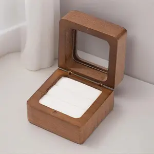 Wooden Ring Box for Wedding Ceremony 2 Slots,Small Square Solid Wood Double Ring Holder Case Box,Vintage Ring Bearer Box for Engagement Proposal,Rustic Jewelry Gift Storage Box, Elegant Jewelry Organizer, Durable Wooden Box
