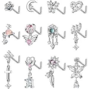 THUNARAZ Women's 20G 12-Piece Surgical Steel L-Shaped Nose Rings - Flower Design, Butterfly Charm Dangling Body Jewelry with Angel Wings Accent, Ideal for Birthday Parties, Christmas Gifts