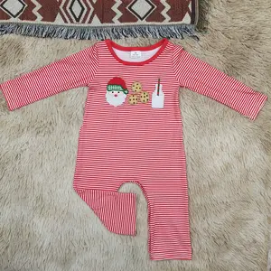 Santa claus cookie milk embroidery stripe printed baby boy Christmas romper