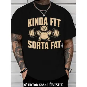 Funny Weightlifting Bear Short-Sleeve Round Neck Top, Heavyweight Oversized Casual Streetwear Gym Shirt