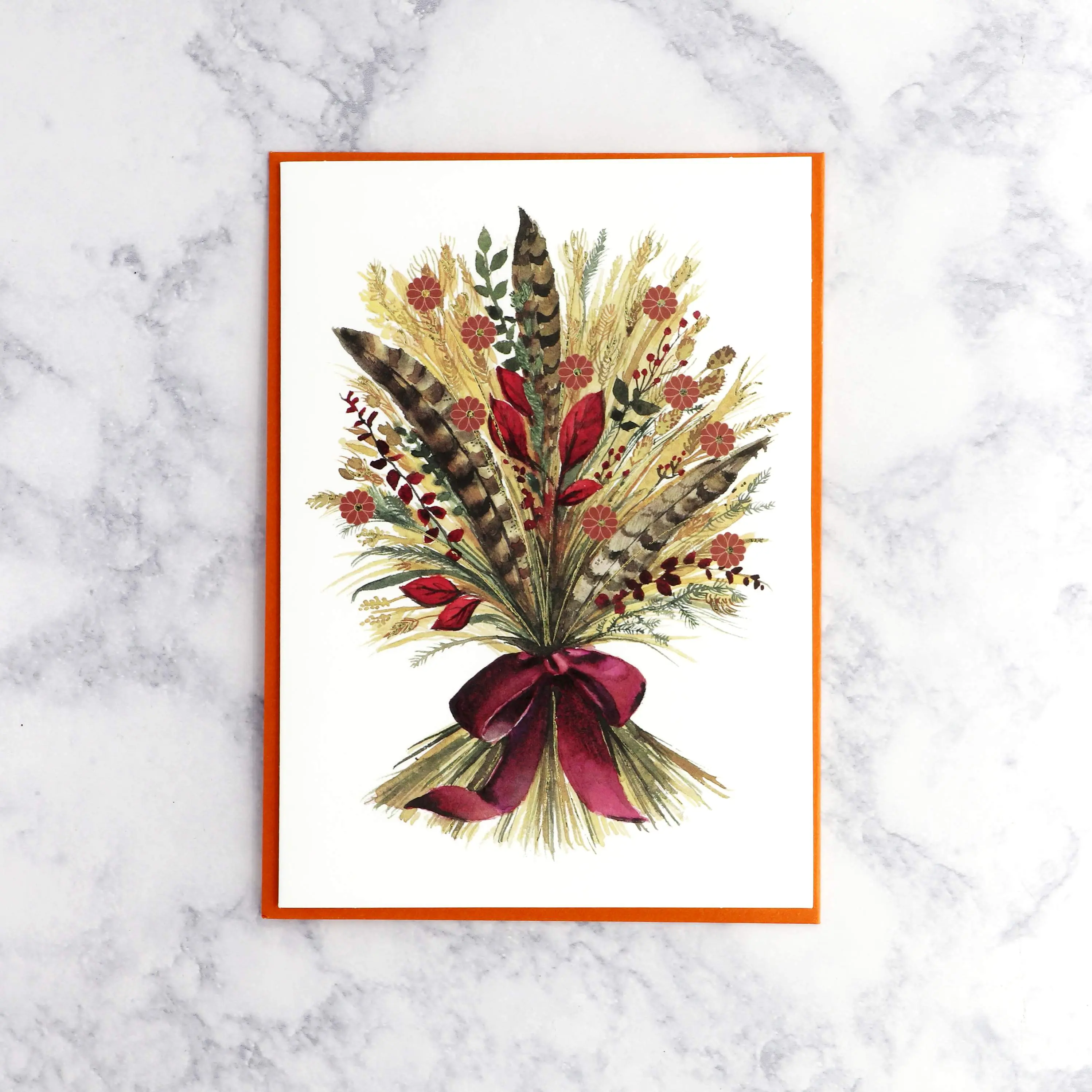 Painterly Wheat & Feathers Thanksgiving Card