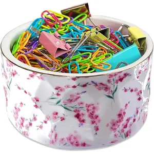 Ceramic Floral Paper Clip Holder Dispenser Cute Gold Line Desk Organizer for Binder Clip Bobby Pin Hair Clip Great Gift for Office Pink Flowers