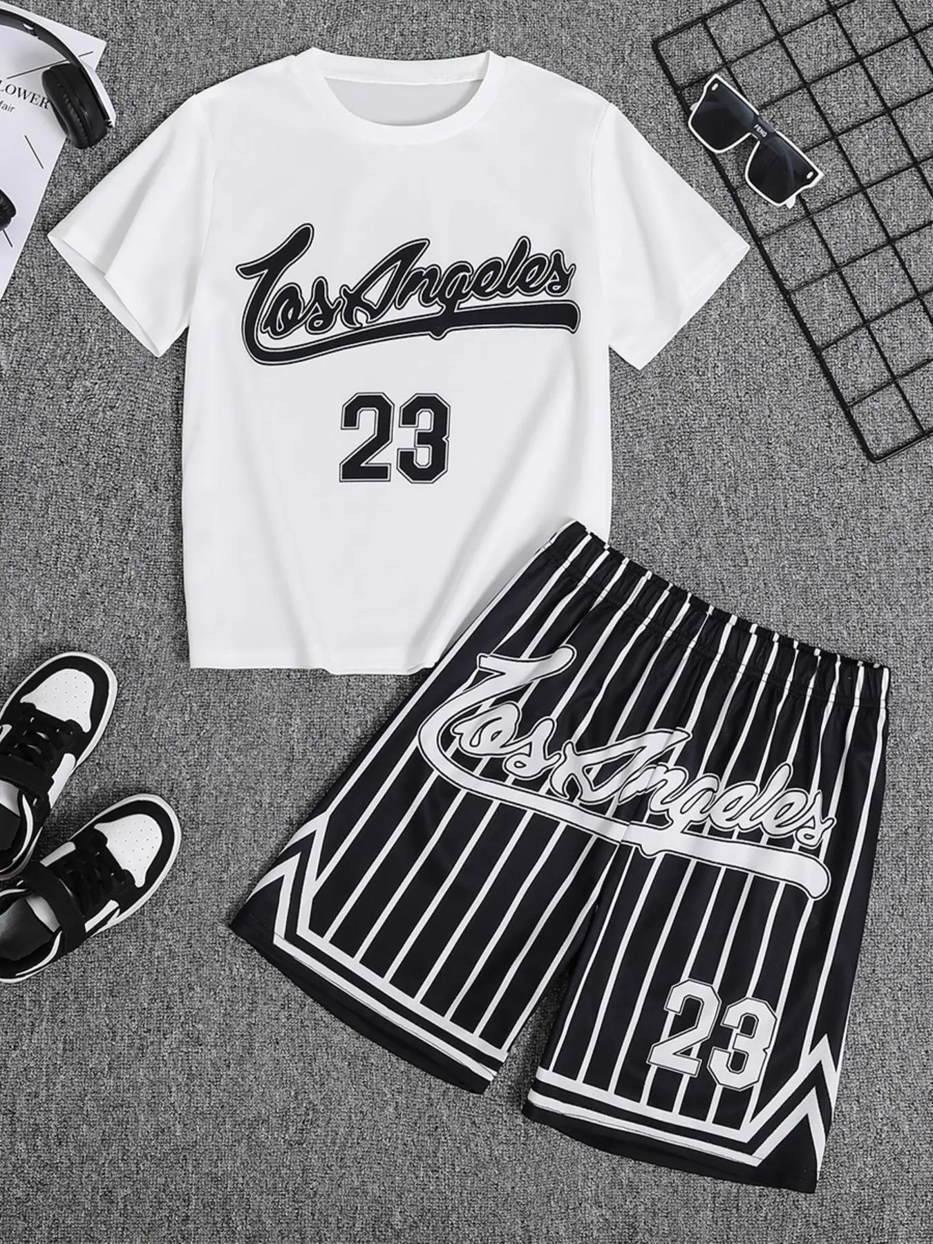 Two-Piece Set Toddler Boy's Letter Print Short Sleeve Tee & Striped Print Shorts, Casual Round Neck T-shirt & Shorts for Summer, Kids Clothes for Dail